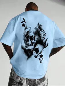 Men's Streetwear Round Neck Short Sleeve T-Shirt, Skull Dice Poker Print, Casual Comfortable Top for Summer Outdoor Wear
