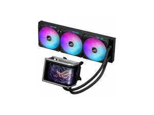 ASUS ROG RYUO IV 360 ARGB with movable curved 6.67-inch AMOLED display that supports 3D-effect video or customizable system stats, plus Asetek Emma Gen8 V2 pump and pre-mounted daisy-chained ARGB fans