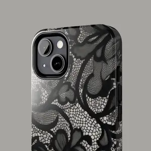 Black Lace Floral Tough Phone Case Vintage Lace Pattern Durable Lexan Polycarbonate Shell Flexible TPU Liner Wireless Charging Support
