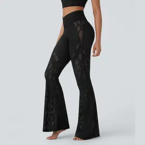 Halara SoftlyZero High Waisted Crossover Pocket Contrast Lace Flare Yoga Leggings