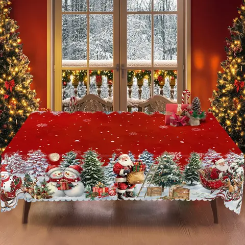 PLUMLIK Vintage Red Polyester Tablecloth - Santa, Reindeer, Snowman, Christmas Tree & Floral Patterns - 2026 Festive Home Supply, Round/Rectangle Indoor-Outdoor Kitchen Decor, Holiday Gift