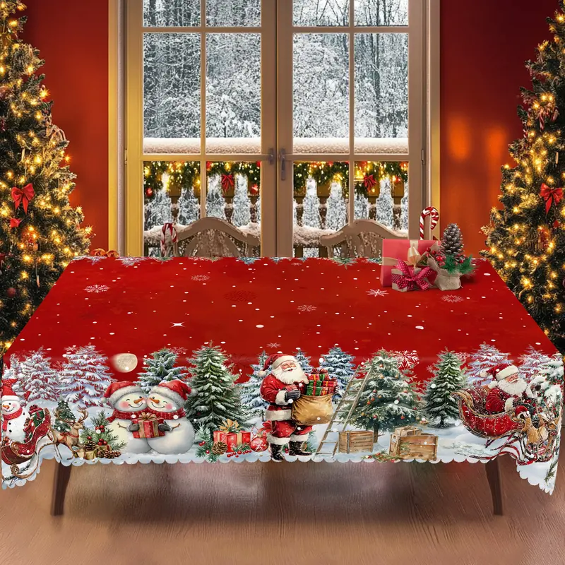 PLUMLIK Vintage Red Polyester Tablecloth - Santa, Reindeer, Snowman, Christmas Tree & Floral Patterns - 2026 Festive Home Supply, Round/Rectangle Indoor-Outdoor Kitchen Decor, Holiday Gift
