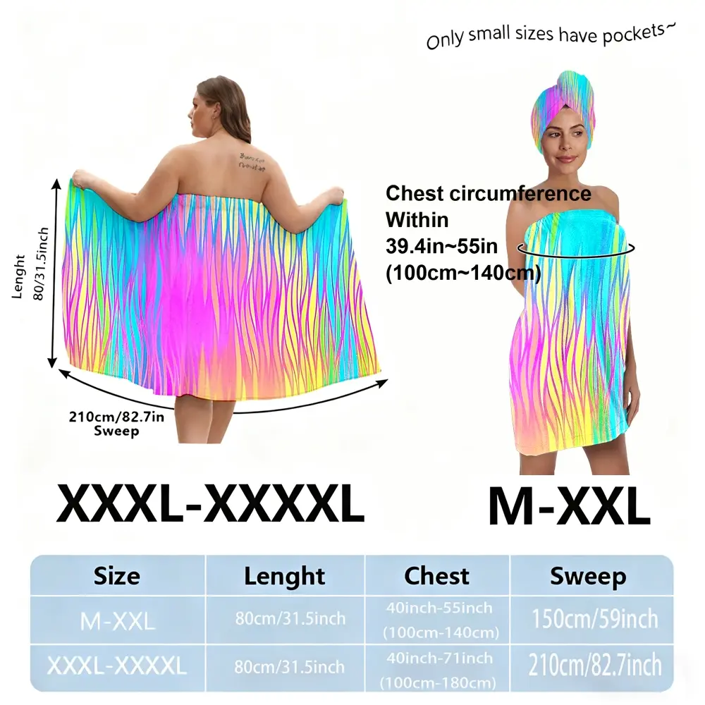 XXXL plus-size lightweight bathrobe set, colorful series, suitable for women, absorbent hair wrap towel for use after bathing, spa, or at the swimming pool. A must-have for home or travel.