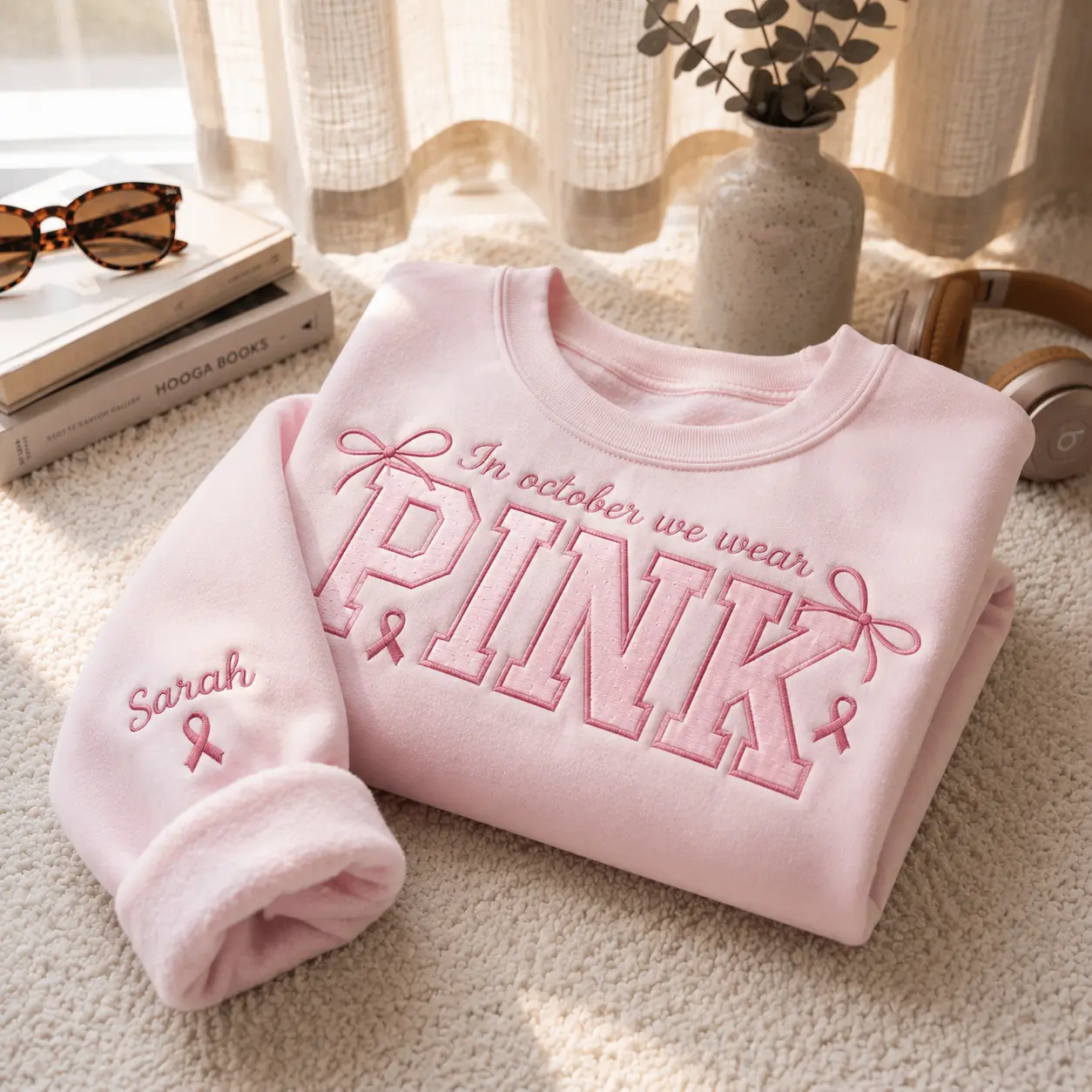 In October We Wear Pink Embroidered Sweatshirt, Breast Cancer Awareness Crewneck, Custom Name Sleeve Embroidery Sweater