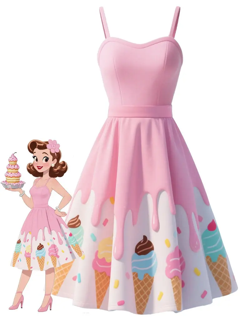 Pink 1950s Ice-Cream Sweetheart Neck Dress tiktokshopbacktoschool BackToSchool