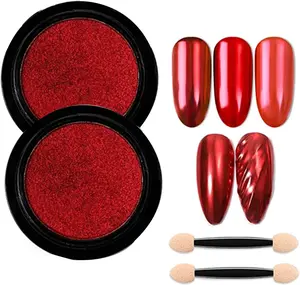 Red Chrome Nail Powder Nail Mirror Glitter Powder Holographic Magic Metallic Mirror Effect Manicure Glitter Pigment Dust Decor with Tool (2 Boxes）