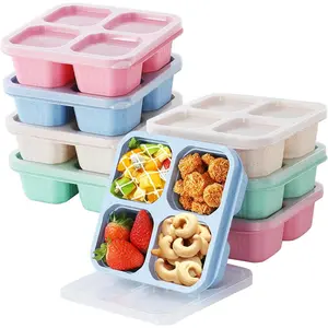 8 count Bento Snack Containers Set, 4 Compartment Food Storage Containers Wheat Straw Meal Prep Lunch Box Plastic Food Storage Containers, Microwave and Dishwasher Safe