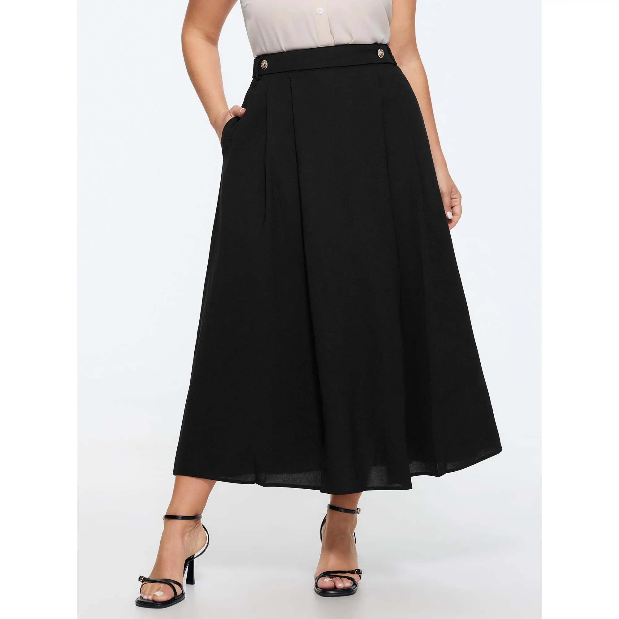 BLOOMCHIC Women's Plus Size Elegant Basic Waist-Beaded Pleated Flowy Polyester Maxi Skirt - Smooth Fabric Clothes Bottoms [M-6X] 2026 Summer Beads Skirts for Women, Plus Size Skirts