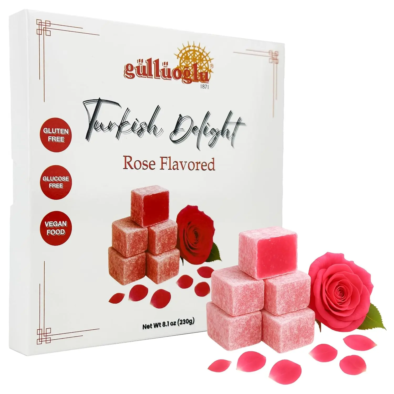 Gulluoglu Turkish Delight Rose - Flavor (Lokum) 8.1 oz, 230g – Authentic Traditional Gourmet Premium Candy Dessert from Turkey – Natural Ingredients, Great Gift Idea