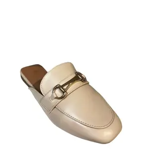Women's Loafers with Gold Buckle PU Leather Mules for Comfortable Everyday Wear, Round Toe, Slip On, Plain Design, Summer Workwear