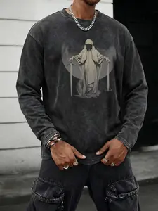 Men's Washed Vintage Round Neck Long Sleeve T-Shirt, Casual Fitted Design, All Seasons Wear, Random Print Pattern