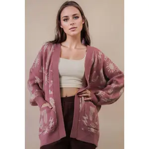 Western Graphic Knit Sweater Cardigan - Mauve