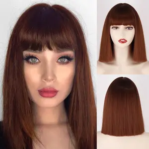 Missqueen Short Auburn Bob Wig with Bangs, Women's Straight Short Auburn Wig, Copper Synthetic Bob Wig for Everyday Use Role Play