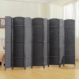 8 Panel Folding Room Divider – Charcoal Gray. 5.6' Tall Freestanding Partition. Hand-Woven PP (Water Repellent + Tear-Resistant). Pine Frame + Arched Top