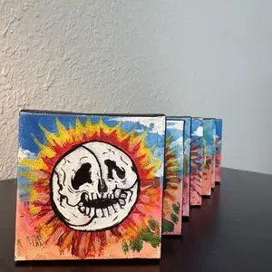 Eclipse 4"x4" Acrylic on Canvas Artwork with Vibrant Skull Design and Colorful Background