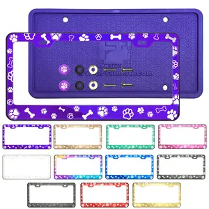 Dog Paw Bone Design Pattern Laser Etched Stainless Steel License Plate Frame with Silicone Guard Metal Screw On Caps for Car Suv Truck