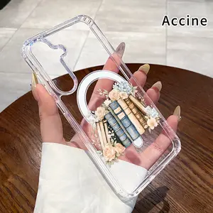 Magnetic Phone Case Supports Wireless Charging for  Samsung Galaxy S26 Edge S23 Ultra S24 Plus FE S25 S22+ Book and Blossom Blend Pattern Non-Yellowing Shockproof Soft Silicone Transparent Acrylic Large Hole Cover