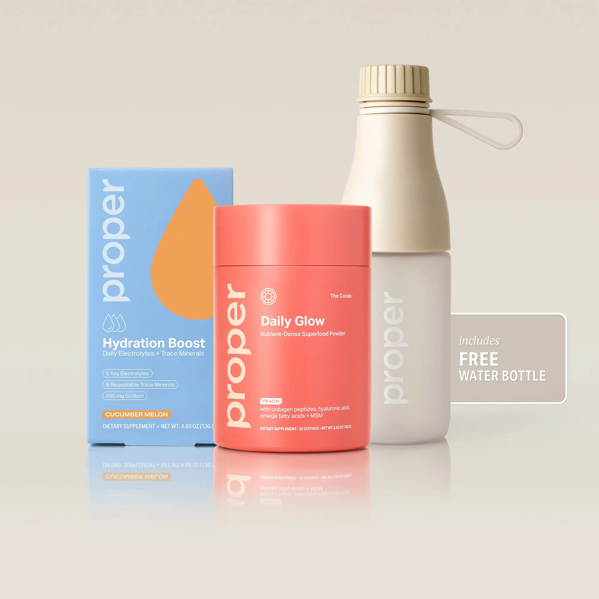 The Daily Glow Bundle – The Corals Daily Glow Superpowder and Hydration Boost Stick Packs, Electrolytes + Trace Minerals Cucumber Melon and Free Water Bottle