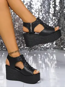 Women's Fashionable Braided Design Platform Sandals, Punk Style Zipper Design Peep Toe Wedge Sandals for Summer, Female All-match Sandals Ankle Wrap Sandal
