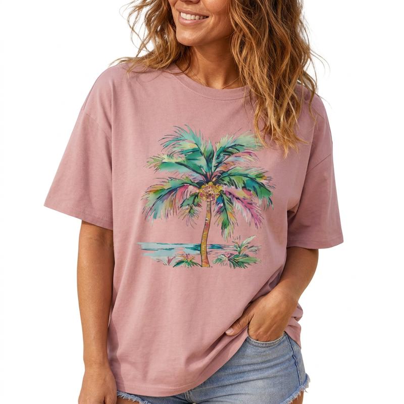 Palm Tree Graphic Tee Women Plus Size Beach Vacation Shirt Tropical Top