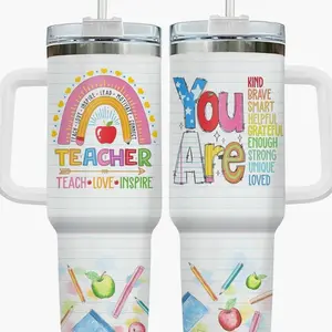 Teacher Appreciation Tumbler, 40oz Teach Love Inspire Rainbow Pencil Design Coffee Cup, Funny You Are Kind Brave Smart Quote, Steel Cup for Educators and School Staff, Kitchen Drinkware, Gift for Teacher