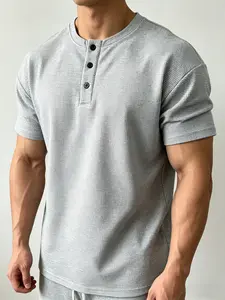 Menswear Short-Sleeve Loose-Fit Waffle Polyester Knit Henley Shirt - Drop Shoulder, Solid, Breathable Casual Summer Top, Shortsleeve