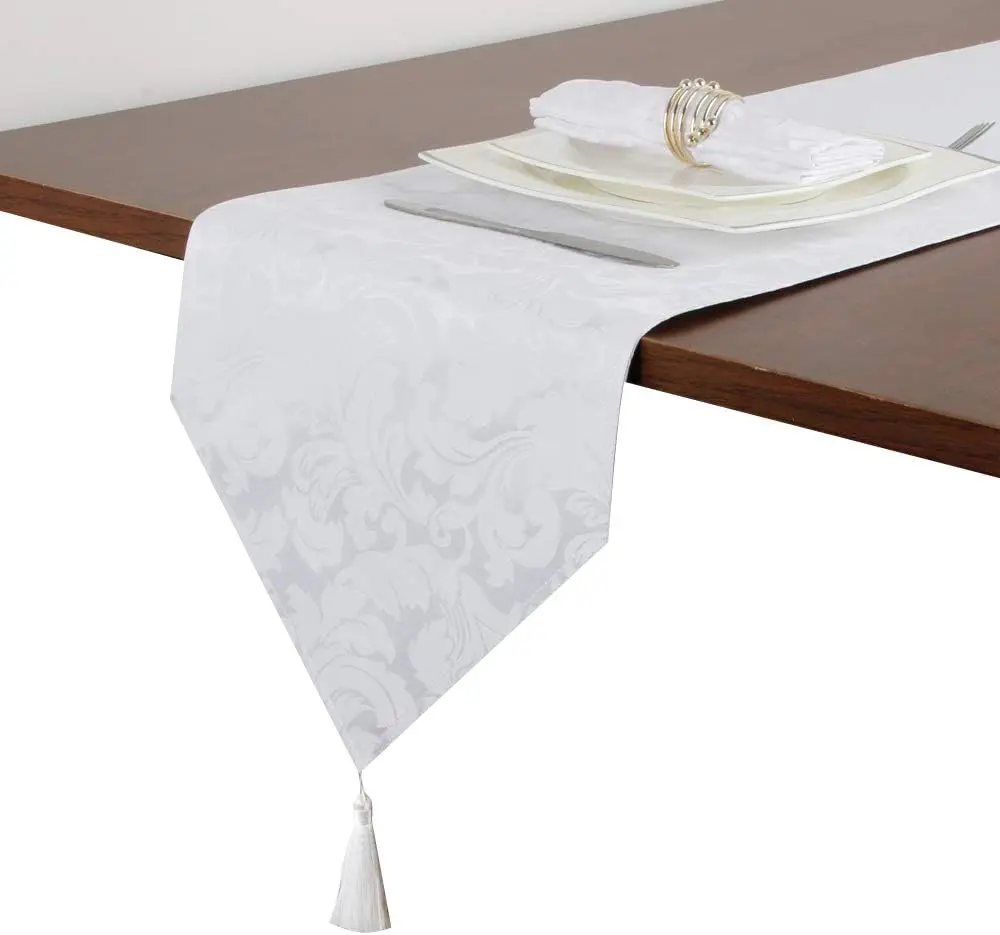 Elegant Jacquard Weave Damask Reversible White Table Runner with B&G Tassels, 13x72 in, Wrinkle-Resistant, Water-Resistant, Spill-Proof, All Seasons Decor for Dining, Hang Up to Dry, 13 X 72 Inch