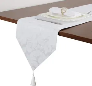 Jacquard Damask Reversible White Table Runners with Tassels 13 x 72 inch Wrinkle and Water Resistant Spill-Proof Decorative Dining and Wedding Runners