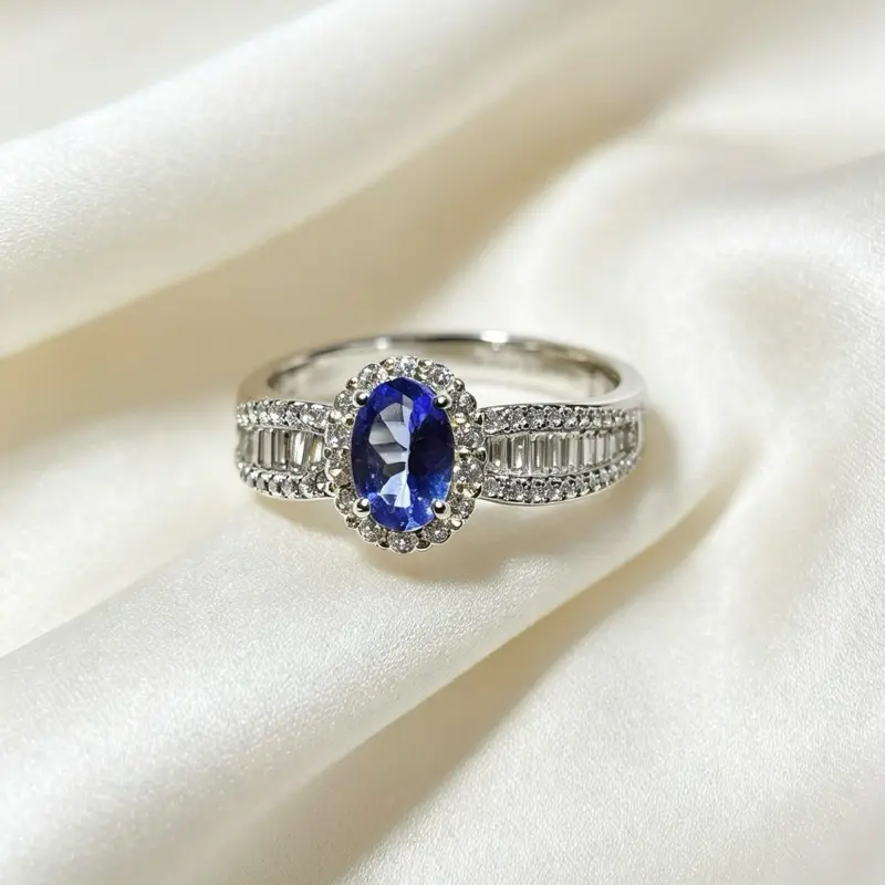 <PingEast jewelry > Tanzanite ring--Elegant Adjustable Band Ring in 925 Sterling Silver, Featuring 5 Sparkling Natural Tanzanite Stones — Timeless Design with a Comfortable Resizable Fit