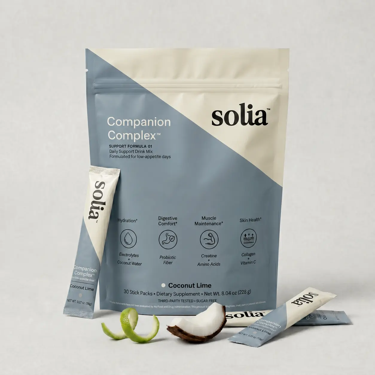Solia Companion Complex Daily Support Drink Mix for GLP-1 Users - Electrolytes, Prebiotic Fiber, Collagen & Amino Acids - Zero Sugar Stick Packs - 30 Count, Coconut Lime