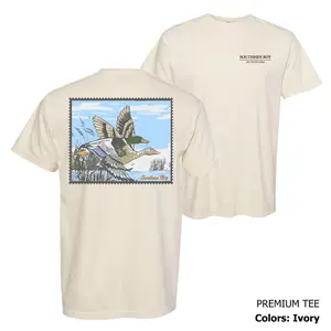 Southern Boy Outfitters Flying Mallard Stamp T-shirt, Retro Duck Graphic Tee, Country Outdoor Style for Men and Women