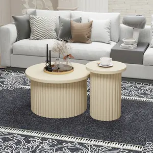 Ribbed Round Nesting Coffee Tables Set of 2 Light Wood Modern Side Tables for Living Room Sofa Couch Decor Storage Beige MDF Iron Non-Slip Foot Pads