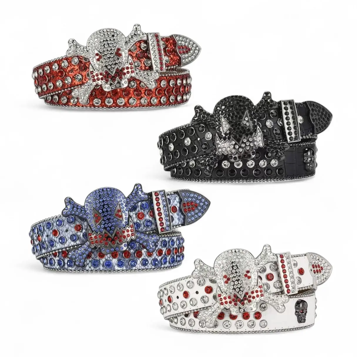 Studded Rhinestone Belts for Women and Men Sparkly Diamond Strap Shiny Crystals Inlaid Skull Head and Cross Bones Buckle