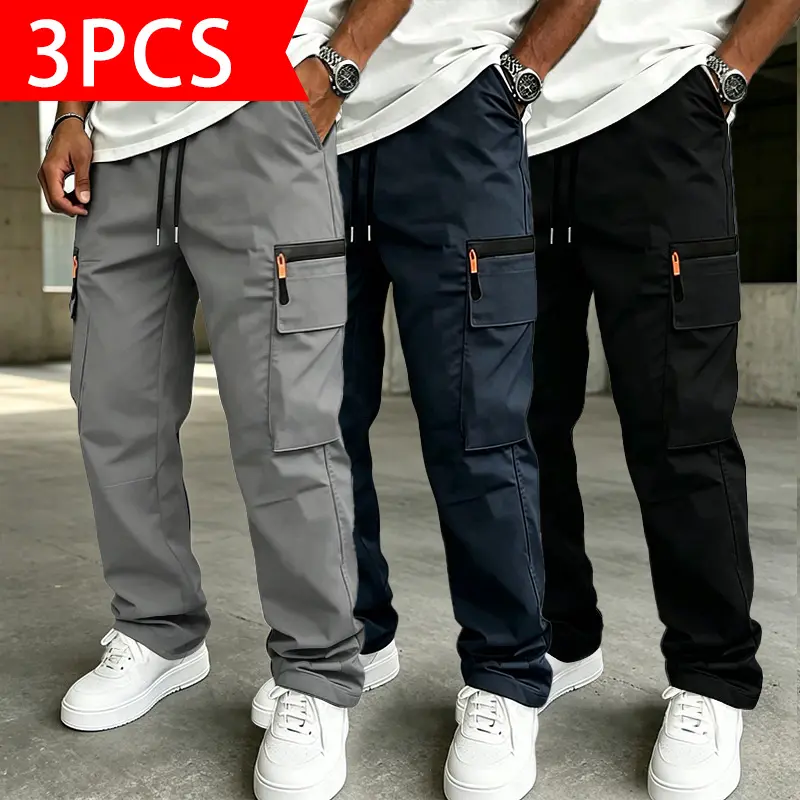 3-Pack Men’s Multi-Pocket Cargo Pants; Elastic Drawstring Waist Casual Work Pants; Loose Straight-Leg Lightweight Streetwear Joggers; Solid-Color Outdoor Utility Pants with Side Cargo Pockets; Breathable Everyday Versatile Men’s Pants