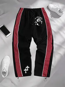 Men's Jesus Cross Print Sporty Long Pants, Elastic Waist Drawstring Design, Comfortable Running Fitness Outdoor Casual, All Seasons Streetwear