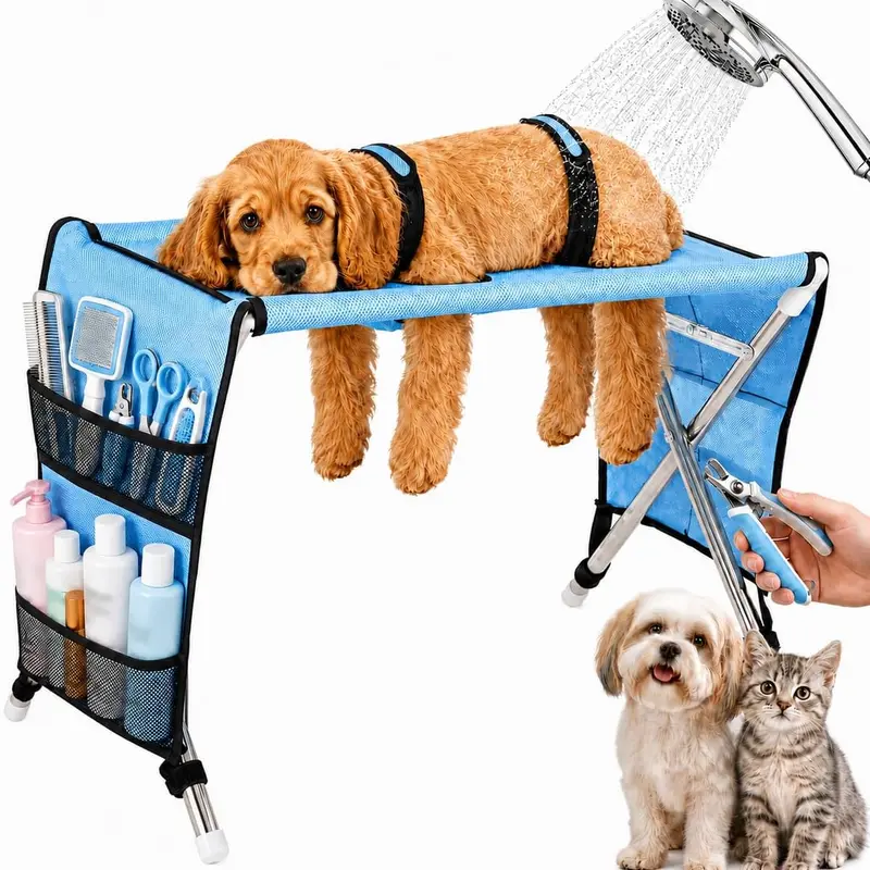 Stainless Steel Foldable Pet Grooming Table with Hammock | Breathable Mesh, Easy Fold, for Small Dogs & Cats Bathing & Trimming