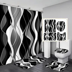 4 Pcs Blue Shower Curtain Black Bathroom Sets with Shower Curtain and Rugs Grey Modern Striped Shower Curtain Set White Bathroom Rugs Set Bathroom Decor Toilet Lid Cover Hooks