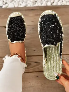 Women's Summer Flat Fisherman Sandals, New Sequined Slip-On Loafers, Breathable Woven Sole, Casual Commuter Shoes, PU Leather Upper