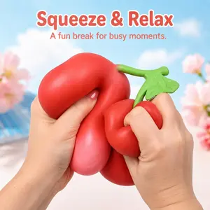 Stress Relief Toy, Cherry Squishy Fidget Toy with Soft Squeeze Feel, Cute Red Fruit Squeeze Toy for Sensory Play, Quick Desk Breaks, Office, Home, Travel and Holiday Gift for Kids, Teens, Adults, Teachers and Office Workers