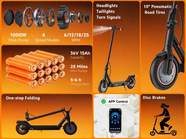 Unisex Electric Ride On Scooter - 1200W/1000W Motor, 6/12/18/28 MPH Top Speed, 10'' Tires, 28 Mi Range, APP Control, Portable Commuter/Commuting/Sport Scooters for Teens & Adults, Commuting Scooter