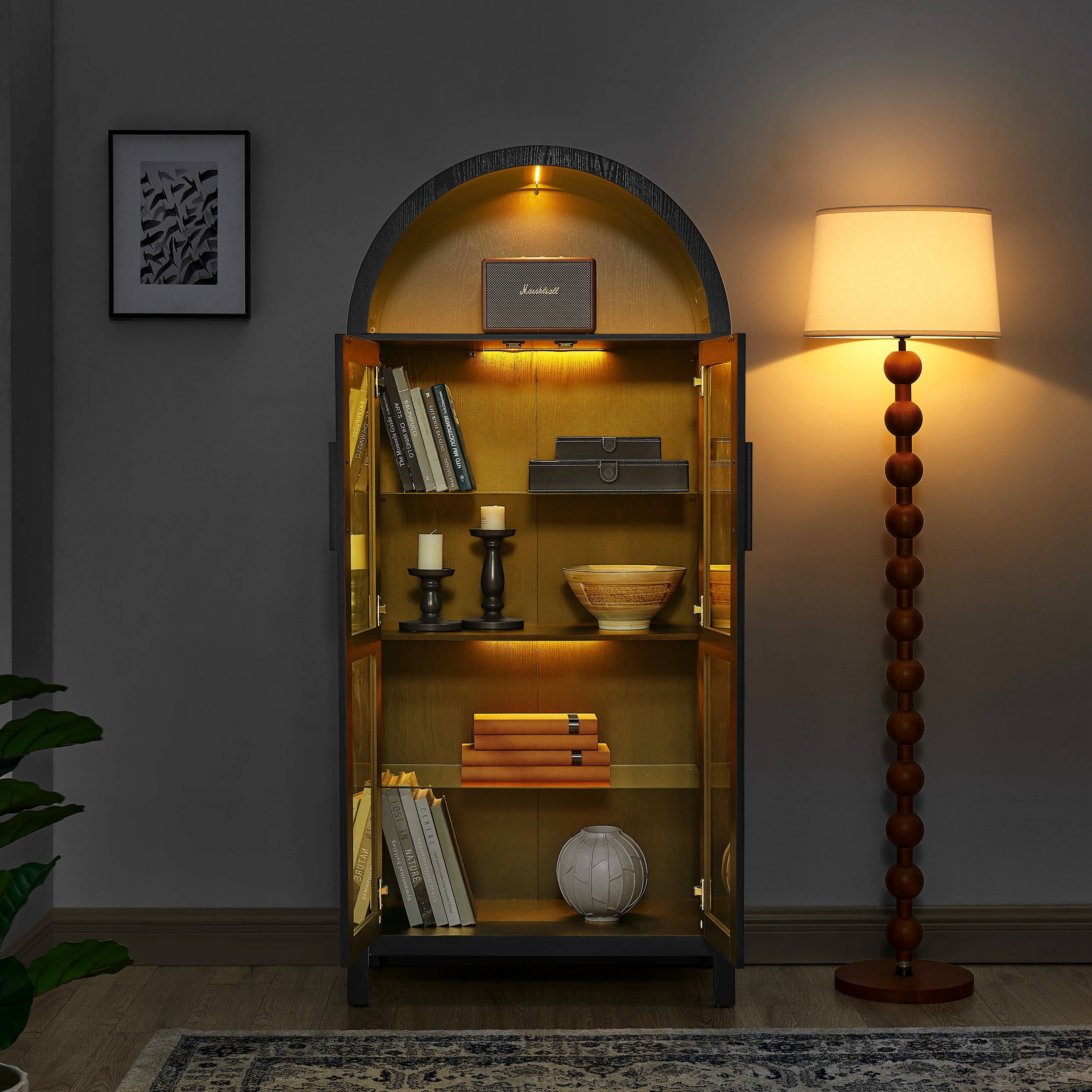 Niccae A high arched storage cabinet with a lamp, a modern retro-style wooden storage cabinet with adjustable glass partitions, suitable for use as a multi-functional cabinet in kitchens-Black