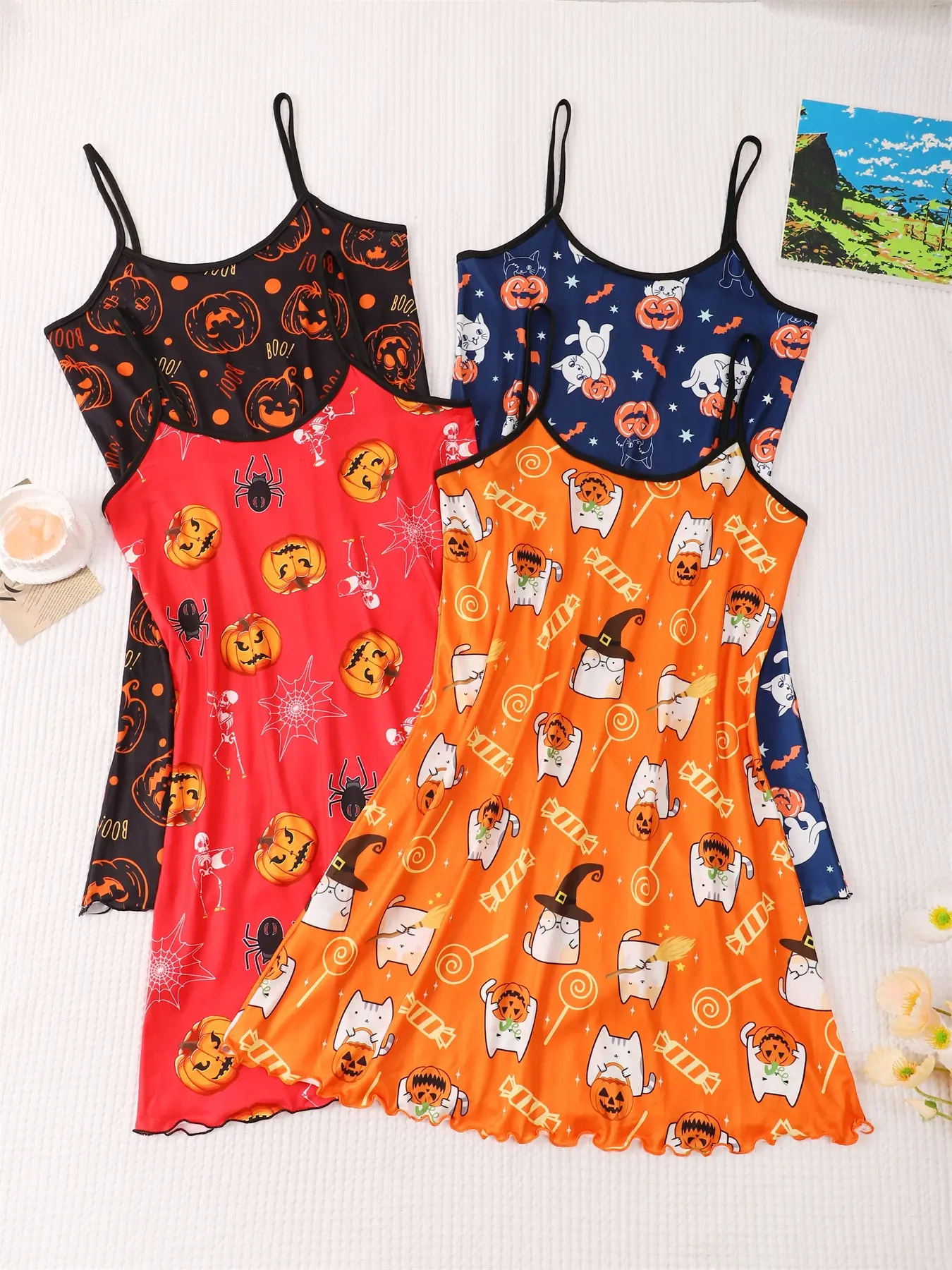 4-Piece Halloween Sexy Fitted Sleeveless Spaghetti Strap Nightgown Set, Women's Lace-Up Backless Sleepwear, Loungewear, Spooky Pattern, Comfortable, Stylish Nightwear & Knit, Perfect for Halloween Parties