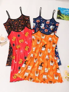 4-Piece Halloween Sexy Fitted Nightgown Set, Women's Lace-Up Backless Sleepwear, Spooky Pattern, Comfortable & Stylish, Perfect for Halloween Parties