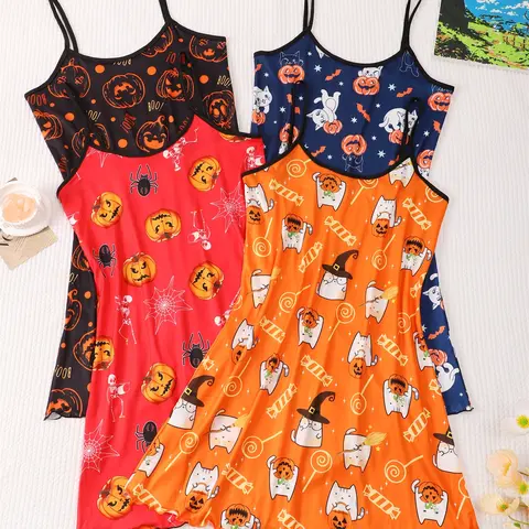 4-Piece Halloween Sexy Fitted Sleeveless Spaghetti Strap Nightgown Set, Women's Lace-Up Backless Sleepwear, Nightdress, Loungewear, Spooky Pattern, Comfortable, Stylish Nightwear & Knit, Perfect for Halloween Parties