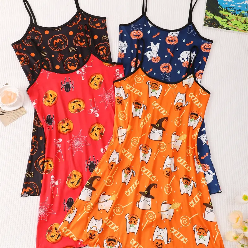 4-Piece Halloween Sexy Fitted Sleeveless Spaghetti Strap Nightgown Set, Women's Lace-Up Backless Sleepwear, Nightdress, Loungewear, Spooky Pattern, Comfortable, Stylish Nightwear & Knit, Perfect for Halloween Parties