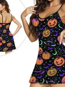 Halloween Sexy Pumpkin Witch Hat Dress, Trendy Roll Hem Design, Comfortable Polyester Sleeveless Nightgown for Women