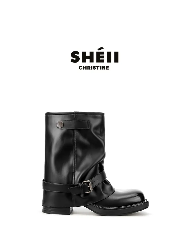 SHEII buckle ankle boots – retro buckle detailing, chunky heel, desert boots, outdoor Western short boots for women, slouchy boots