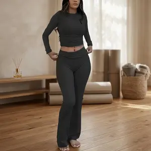 Women's Casual Workout Two Piece Outfits - Long Sleeve High Waist Fold-Over Flared Leggings Pants Tracksuit Sets Streetwear Fashion Style Comfortable Breathable Yoga Activewear Perfect for Gym Running Exercise Training Daily Wear