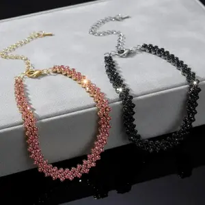 Pink Black Color Rhinestone Choker Necklaces
