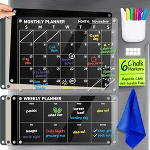 Magnetic Calendar for Fridge 2pc Family Magnetic Dry Erase Monthly Weekly Planning Board with 6 Liquid Chalk Markers & 3 Interchangeable Backgrounds